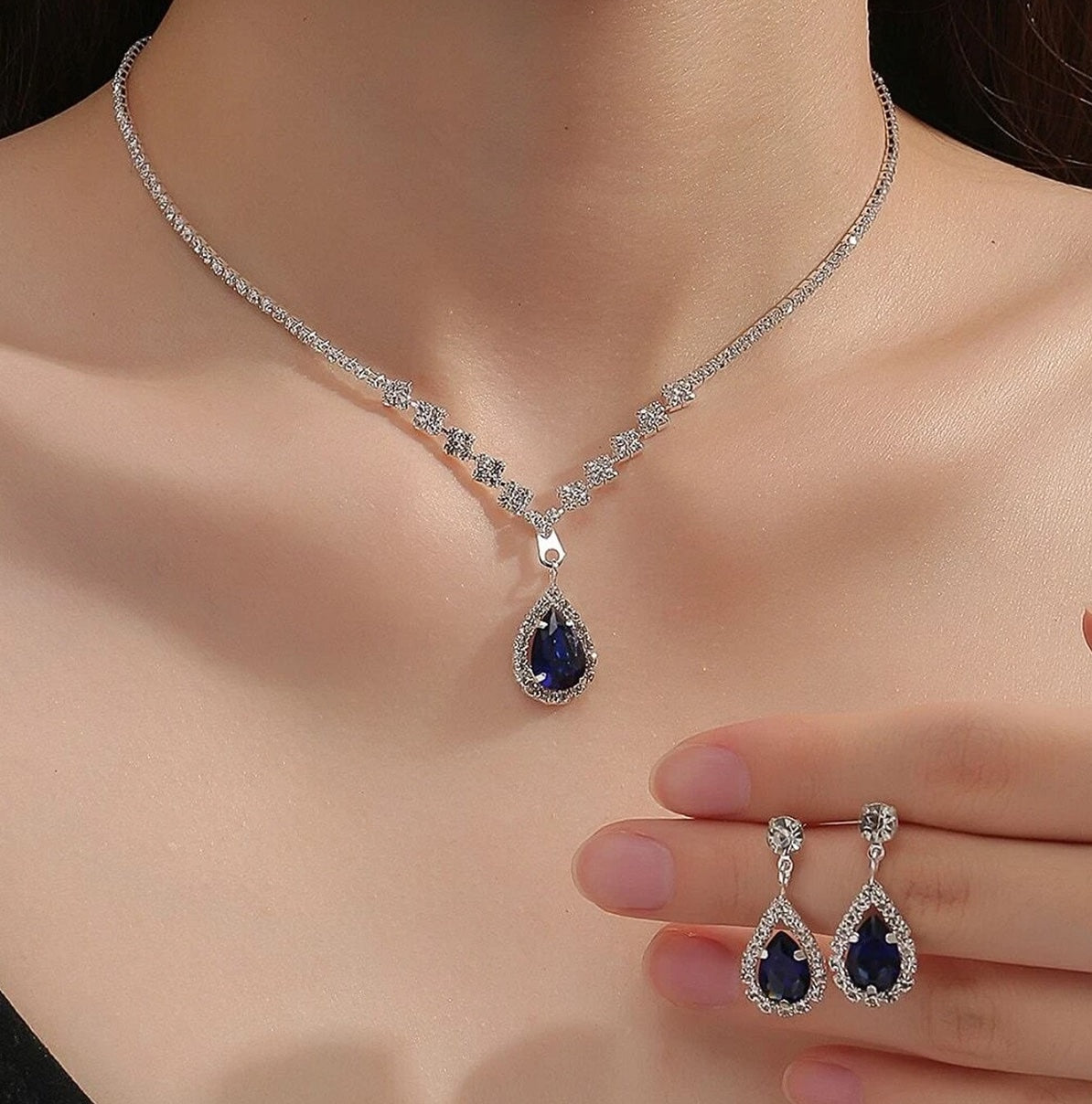 Necklace & Earrings Set Fashionable Waterdrop Rhinestone Jewelry Set 4055 Blue