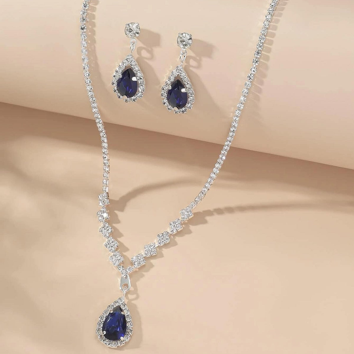 Necklace & Earrings Set Fashionable Waterdrop Rhinestone Jewelry Set 4055 Blue