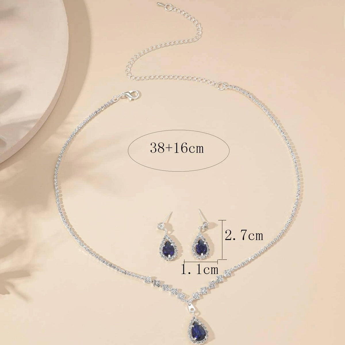 Necklace & Earrings Set Fashionable Waterdrop Rhinestone Jewelry Set 4055 Blue