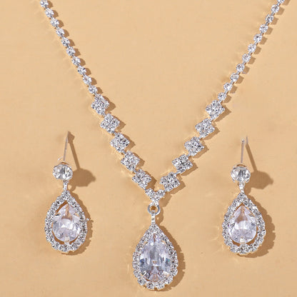 Necklace & Earrings Set Fashionable Waterdrop Rhinestone Jewelry Set 4055 Silver