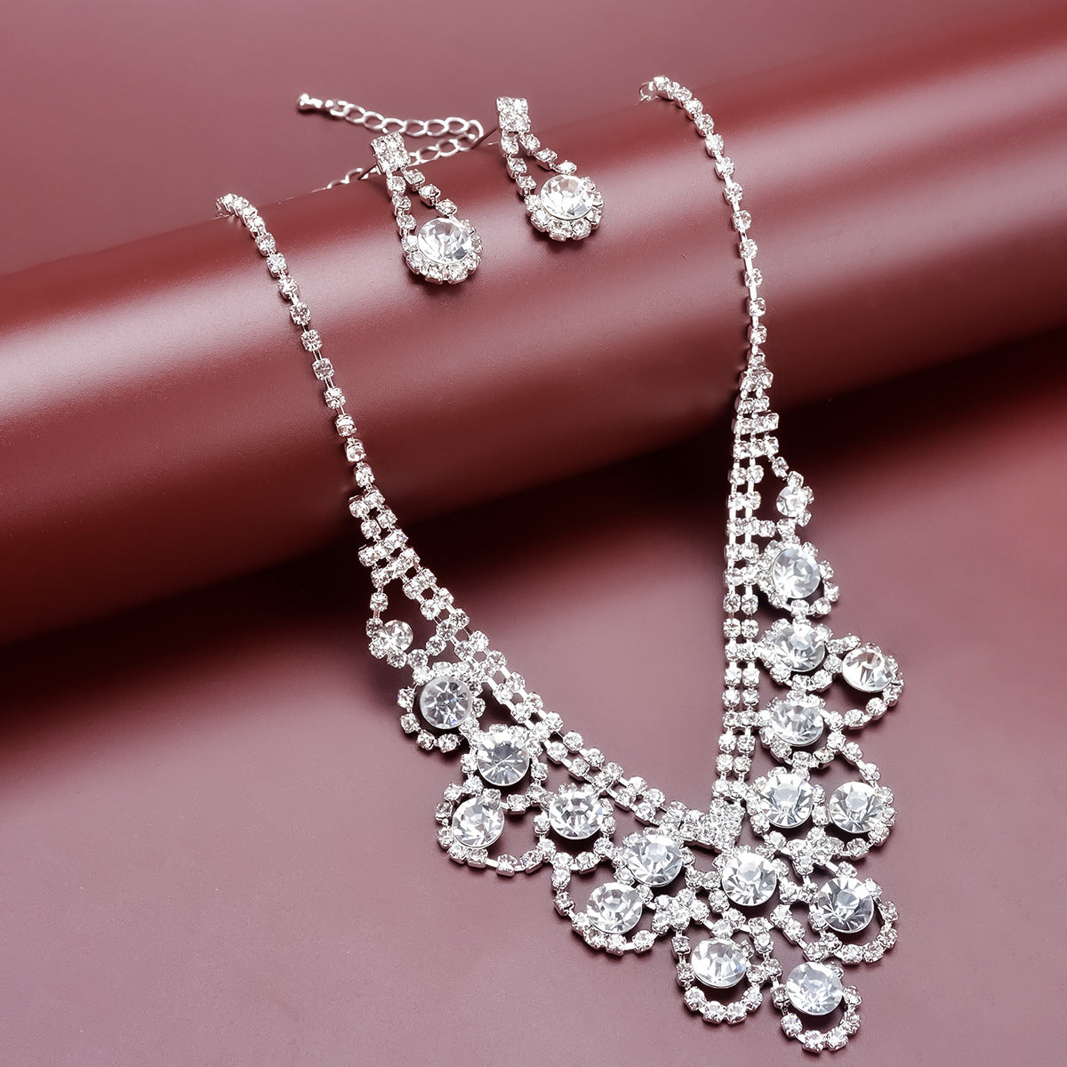 Luxury Full Rhinestone Earrings Necklace Jewelry Set, Silver Color Gorgeous Jewelry 4210 Silver