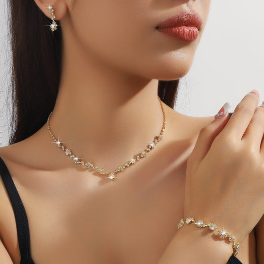 Claw Chain Necklace, Earrings And Bracelet, Full Of Diamonds 5034 Gold