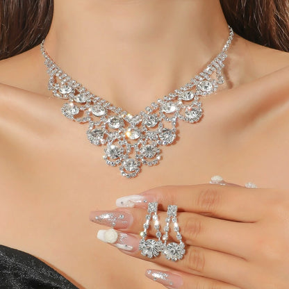 Luxury Full Rhinestone Earrings Necklace Jewelry Set, Silver Color Gorgeous Jewelry 4210 Silver